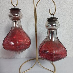 Kugel Midwest Mercury Hexagonal Blown Glass Ornament Red Silver Stunning